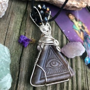 Wire Wrapped Moonstone All Seeing Eye Triangle Crystal Pendant Necklace